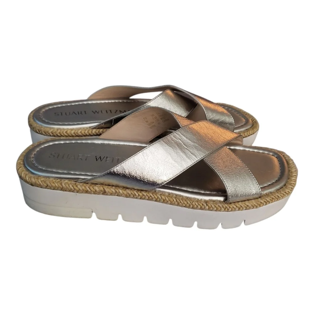Stuart Weitzman Roza‎ Lift Slide Sandals in Silver 7.8 (Fits As 8.5)